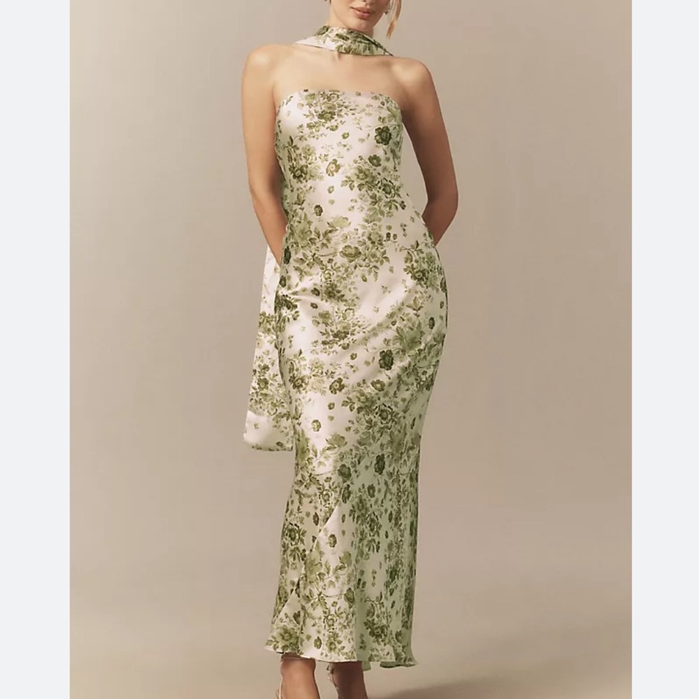 BHLDN Green Nesta Floral Strapless Dress with Scarf